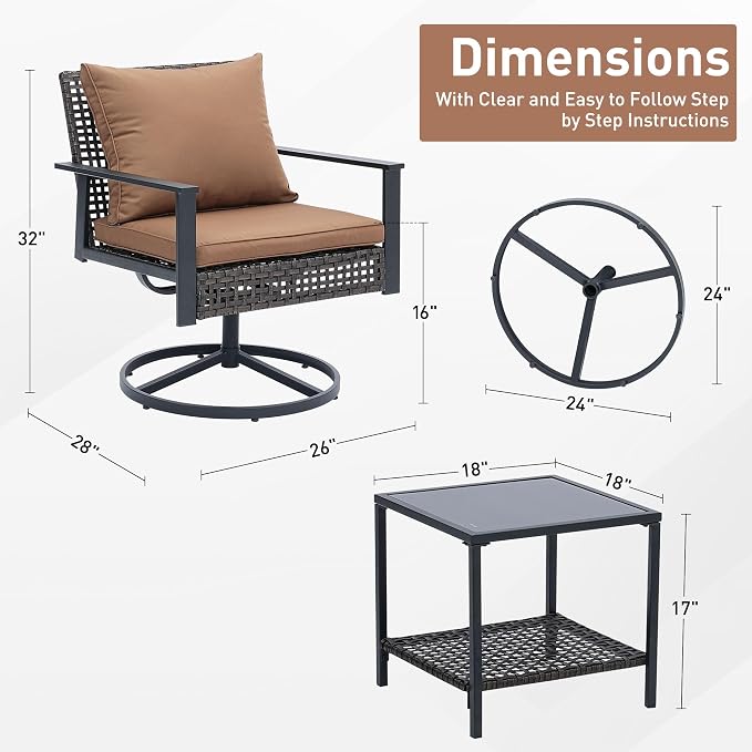 Ainfox 3 Pieces Patio Wicker Chairs Swivel Rocker, Outdoor Swivel Rocker Patio Chairs with Rattan Side Table, Patio Furniture Set for Patio Balcony Pool, Brown