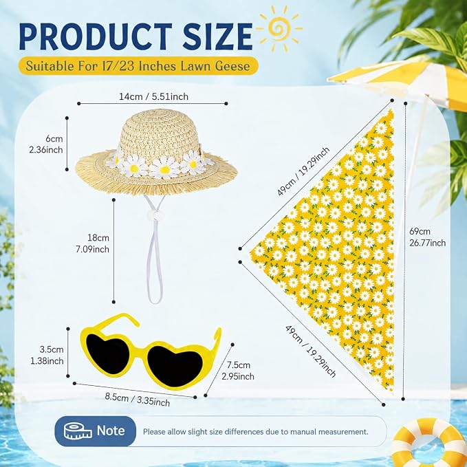 Summer Daisy Porch Goose Outfit Set, Straw Sun Hat Heart Sunglasses Yellow Daisy Bandana, Fits 23 Inch Lawn Goose Statue, Holiday Decor Outfit, Outdoor Garden Yard Goose Decor.