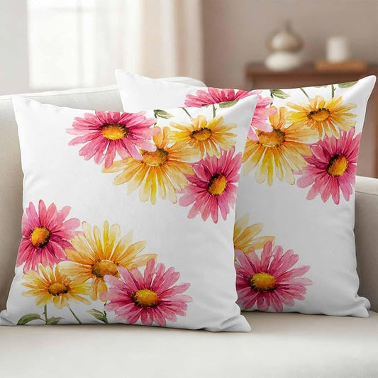 Yellow Pink Daisy Outdoor Pillow Covers 18"x18" Set of 2, Rustic Farmhouse Boho Wildflowers Waterproof Throw Pillow Covers for Patio Furniture, Decorative Cushion Covers for Porch