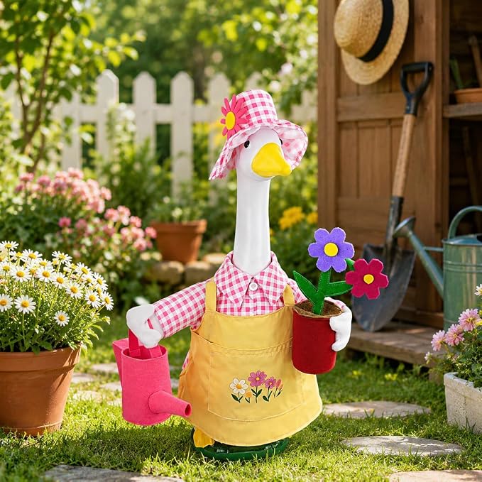 23 Inch Spring Gardener Porch Goose Outfit, Lawn Goose Costume with Floral Hat, Watering Can & Potted Flower Prop, Fits Plastic Goose Statue, Outdoor Yard Lawn Decor