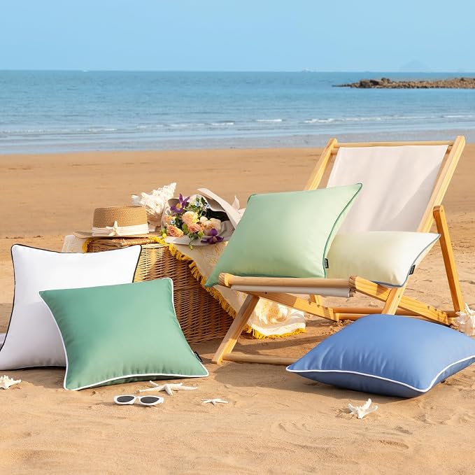 Phantoscope Pack of 2 Outdoor Waterproof Throw Pillow Covers with Contrast Piping, Decorative Square Cushion Case Patio Pillows for Couch Tent, Butter Yellow 12x20 inches