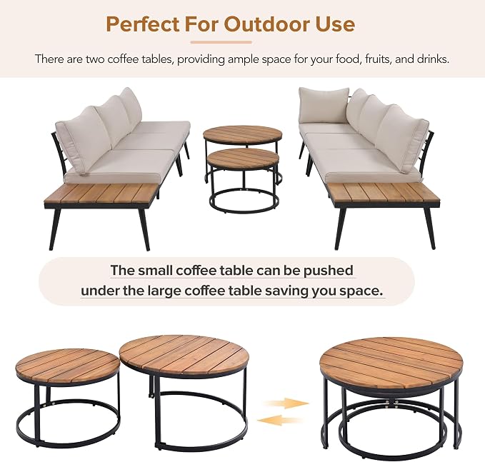6-Piece Metal Outdoor Sectional Sofa Set with Round Nesting Coffee Tables, L-Shaped Patio Furniture Set Seating Sofa with Cushions for Patio, Porch and Garden, Beige