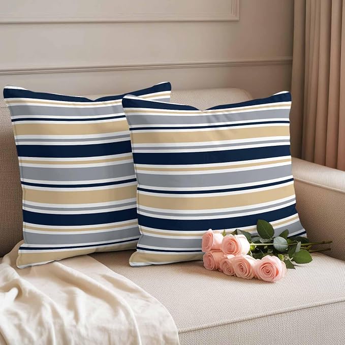 Khaki Grey Striped Outdoor Pillow Cover 20x20 Inch Cushion Sham Case, Navy Blue Farmhouse Stripes Abstract Art Waterproof Decorative Square Throw Pillowcase for Outside Garden Patio Porch Couch Chair