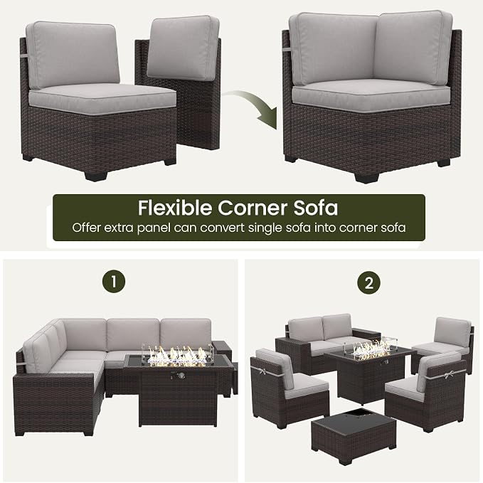 LayinSun 13 Pieces Outdoor Patio Furniture Set with 44" Fire Pit Table Brown Rattan Sectional Sofa Conversation Sets