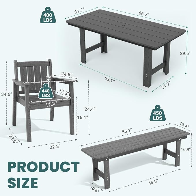 Pamapic 6 PCS Outdoor Dining Set, Spacious HDPE Outdoor Table with 4 Chairs and 1 Bench, Wood Grain Patio Furniture Sets with Elegant Armrest, All-Weather Patio Dining Table with Umbrella Hole, Gray