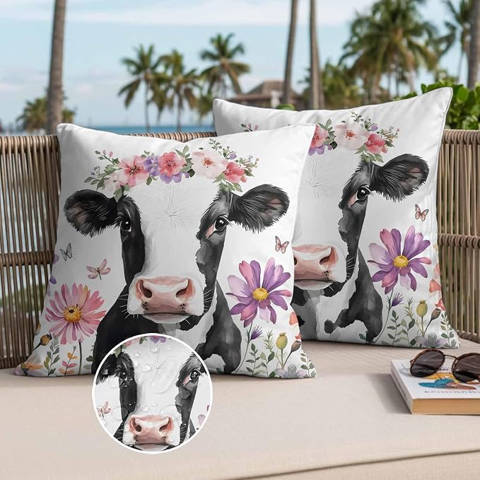 Flowers Cow Waterproof Outdoor Pillow Covers Set of 2 Home Decor, Spring Botanical Floral Plants Butterfly Pillowcase Patio Pillow Covers for Couch Bench Furniture Garden 26x26in