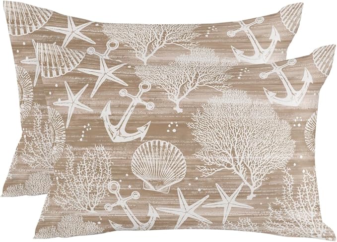 Outdoor Waterproof Throw Pillows 12x20in, Summer Anchor Starfish Coral Shell Patio Pillows Pack of 2,Decorative Pillow Covers with Insert,Pillow Cushion Case Nautical Ocean Creature