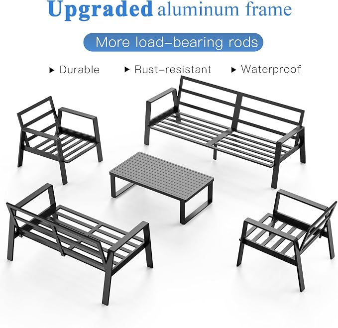 Aluminum Outdoor Patio Furniture Set, 5 Piece Sectional Coversation Sets with Coffee Table, Modern Outdoor Sofa Couch with Thick Cushions for Porch, Balcony, Garden, Dark Gray