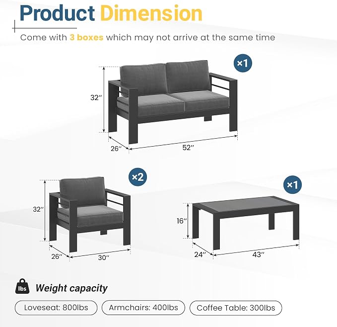 Wisteria Lane Aluminum Patio Furniture Set for All Weather, Oversized Metal Outdoor Furniture Set with 27.5" Deep Seat and 10" Back Cushion, Patio Conversation Sets with Wide armrest, Dark Grey