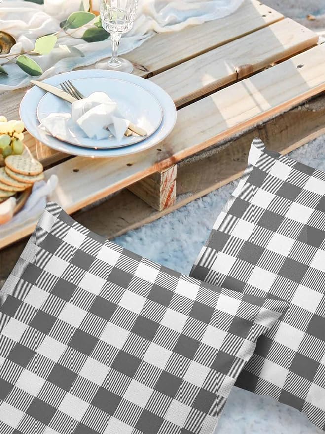 Outdoor Waterproof Throw Pillow Covers Set of 2 Gray Buffalo Check Plaid Pillowcases 18x18 Inches Farmhouse Style Patio Decorative Pillows Cushion Case Patio Pillows for Couch Bed Chair Garden