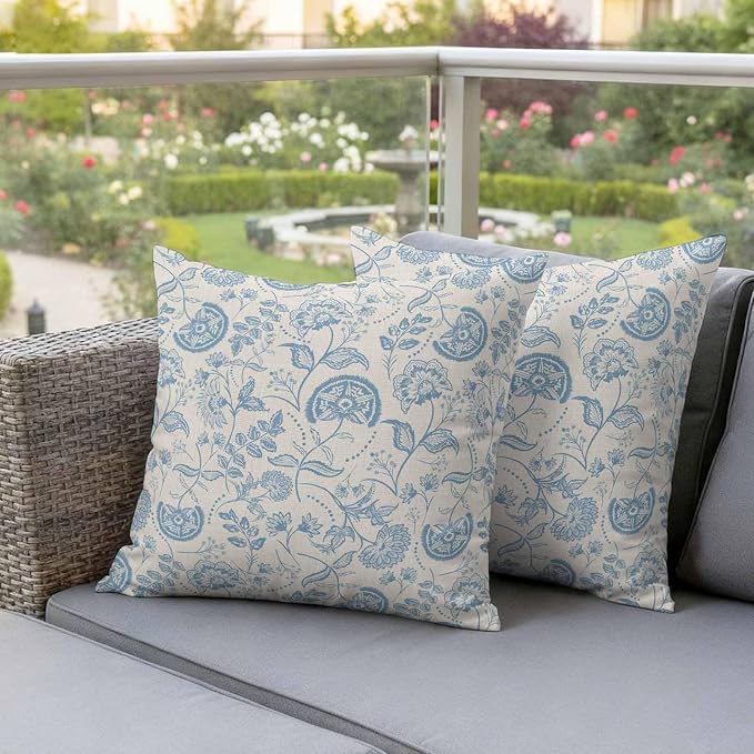Outdoor Pillow Covers 18x18 Set of 2, Blue Spring Floral Waterproof Patio Throw Pillow Covers for Couch Sofa Chair, Farmhouse Botanical Vintage Decorative Pillowcases for Throw Pillows