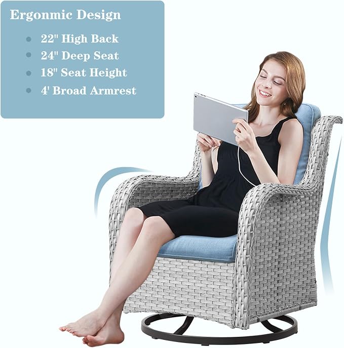 Wicker Patio Furniture Set: 5 Piece Outdoor Conversation Sets with Swivel Rocker Chairs Patio Couch Ottomans, All Weather Rattan Outdoor Furniture Seating for Porch Balcony, Light Grey
