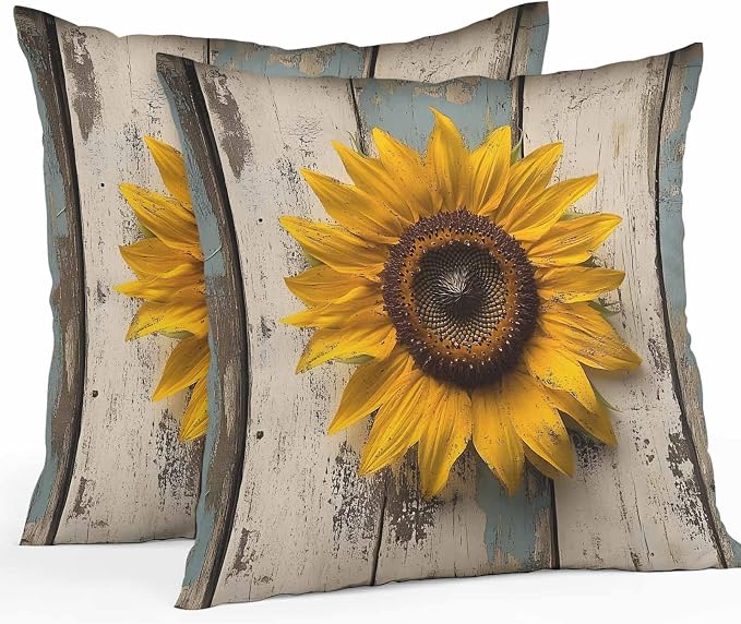 Vintage Sunflower Waterproof Outdoor Pillow Covers Set of 2 Home Decor, Farmhouse Wooden Botanical Floral Pillowcase Patio Pillow Covers for Couch Bench Furniture Garden 24x24in