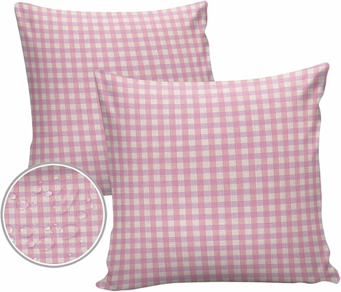 Outdoor Waterproof Throw Pillow Covers Set of 2 Pink Buffalo Plaid Pillowcases 16x16 Inches Linen Classic Checked Patio Decorative Pillows Cushion Case Patio Pillows for Couch Bed Chair Garden