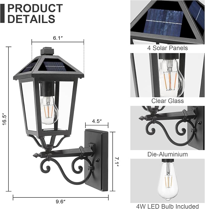 Solar Outdoor Wall Light, 17'' Vintage Lantern-Style Sconce with Remote Control, Alluminum Matte Black Weatherproof Exterior Lighting Front Porch Lights for House Garage Doorway Patio