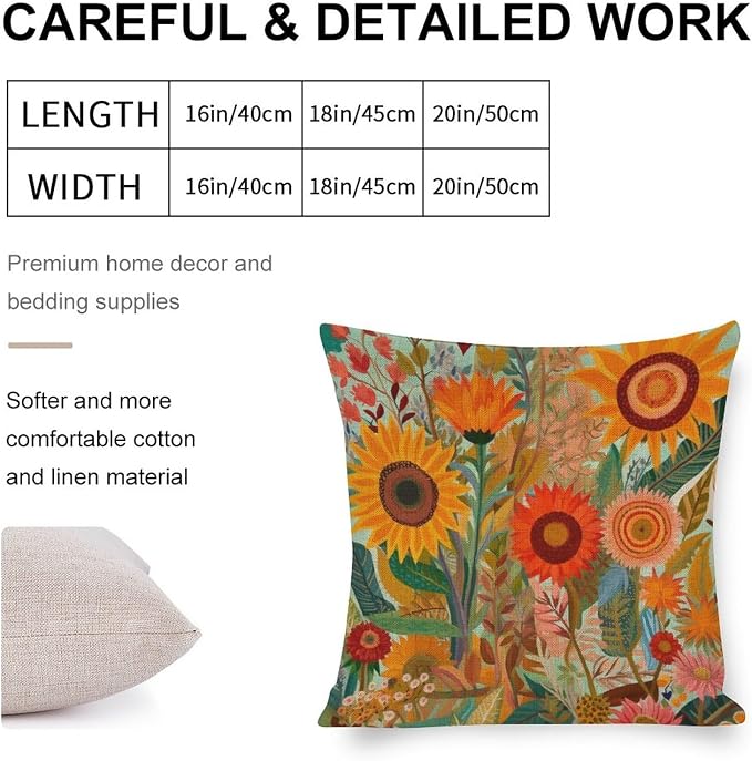 Modern Pillow Cover Butterfly Sunflower Cushion Pillow Cover Colorful Painting of Sunflowers Poppies Cooling Pillow Case Decorative Couch Pillow Cover for Sofa 20"x20" Cutton Linen Cushion Cases