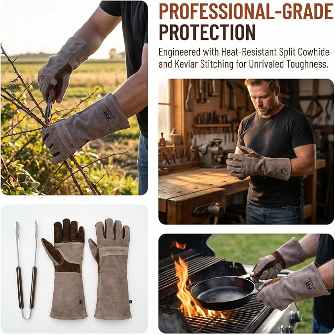 Welding Gloves -Long Sleeve Fireproof and Heat Resistant 15IN. | Cowhide Leather Gloves for Gardening,BBQ,Oven,Grill,Tig,Mig,Baking,Furnace,Stove,Animal Handling Best Gift for Man