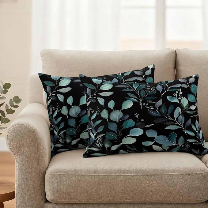 Lumbar Pillow Covers 20x12 Inch Set of 2, Teal Black Botanical Waterproof Outdoor Pillow Covers, Spring Eucalyptus Leaves Greenery Decorative Cushion Pillowcases for Couch, Sofa, Bed, Garden, Patio