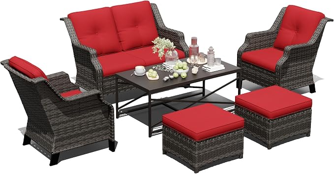 Outdoor Patio Furniture Set, 6 Piece Wicker Patio Furniture with Thick Cushions, Curved Armrest, Deep Seating, Rattan Outdoor Chairs for Porch, Deck, Balcony