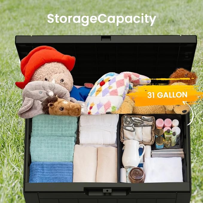 Deck Box 30 Gallon, Lockable Outdoor Storage Delivery Box for Garden Tools Patio Furniture Pool Supplies Black