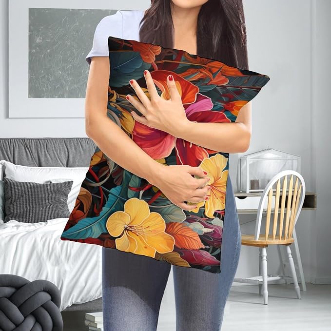 Pillow Protector Tropical Flower Printed with Colorful Leaves Throw Pillow Cases 12 "x20 " Tropical Red Hibiscus Flower Throw Pillow Covers Zipper Pillowcase for Home Bed Sofa Living Room Decorative