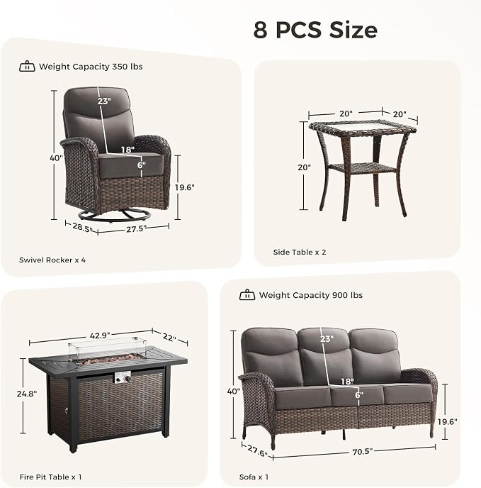 Luxury Patio Furniture Set with Fire Pit Table, Outdoor Furniture Set with High Back Swivel Chairs & 6-inch Thick Cushions, 8 PCS Fire Pit Patio Set for Yard, Deck, Poolside, Brown/Grey