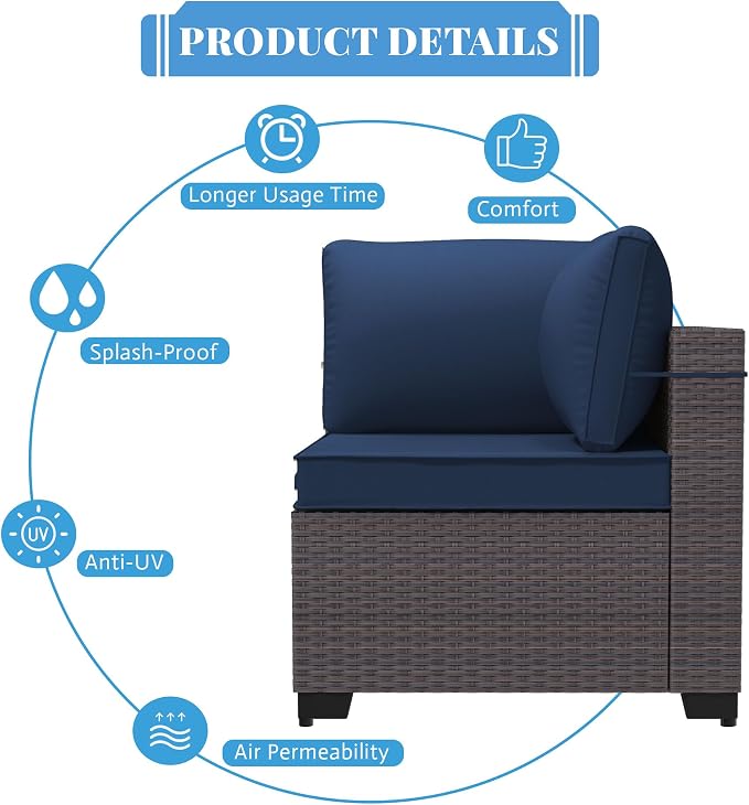 Patio Furniture Set 7 Pieces Outdoor Sectional Sofa Set,All Weather Wicker Patio Sofa PE Rattan Patio Conversation Set w/Cushions and Glass Coffee Table,NavyBlue