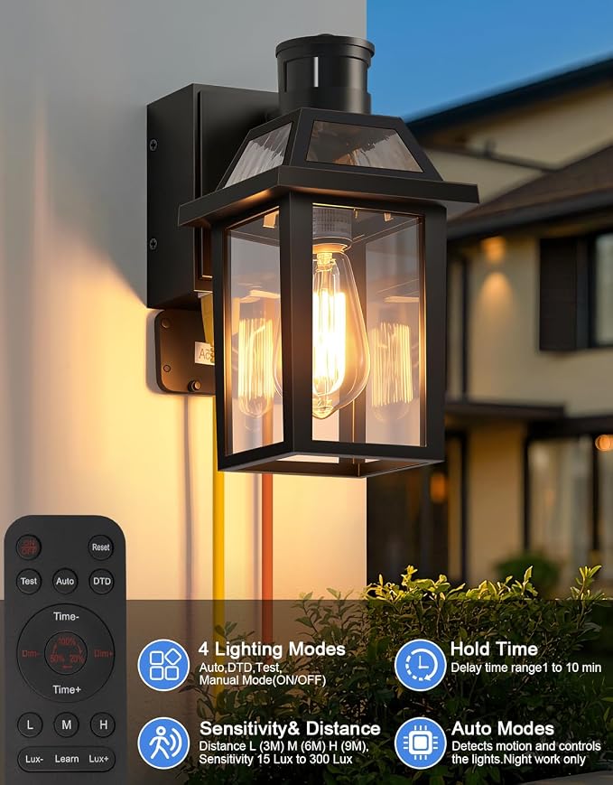 Porch Light with GFCI Outlet and Remote, Motion Sensor, Black, 1 Pack | Dusk to Dawn Motion Sensor Outdoor Light 4 Lighting Modes Exterior Fixture Outside Lights for Porch Garage House