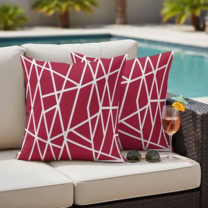 Outdoor Pillow Covers Waterproof, Red Geometric Decorative Square Throw Pillowcases Patio Cushion Covers for Tent/Garden, 26" x 26" 2 Pack, Abstract Stripes Modern Minimalist