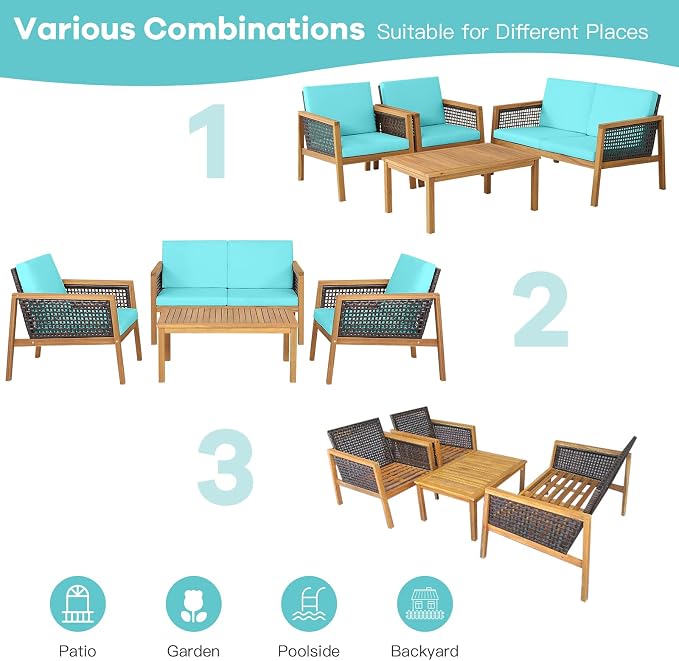 4 Pieces Outdoor Acacia Wood Furniture Set, Outdoor PE Wicker Conversation Set with Coffee Table and Soft Cushions, Outdoor Sofa Set for Garden, Poolside and Backyard (1, Turquoise)