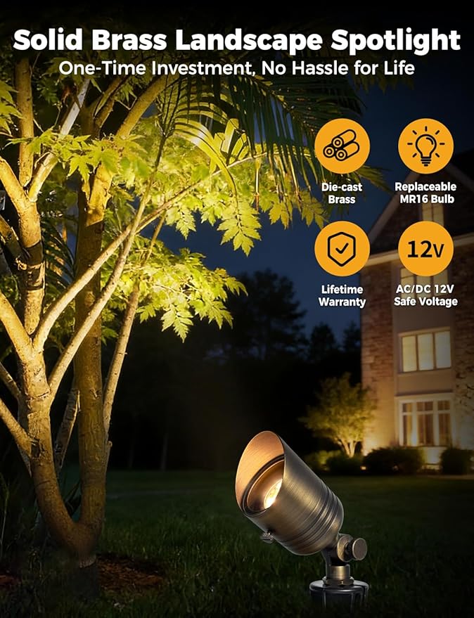 COLOER Brass Outdoor Spotlights,12V LED Low Voltage Landscape Lighting with 5W 2700K Aluminum MR16 Bulb, IP65 Waterproof Landscape Spot Lights for Yard,Garden,Tree, Small Size (4 Pack with Bulb)