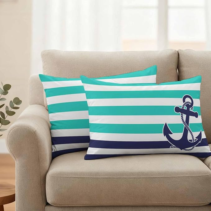 Lumbar Pillow Covers 20x12 Inch Set of 2, Anchor Turquoise Waterproof Outdoor Cushion Covers, Modern Navy Blue White Striped Nautical Decorative Pillowcases for Couch, Sofa, Bed, Garden, Patio