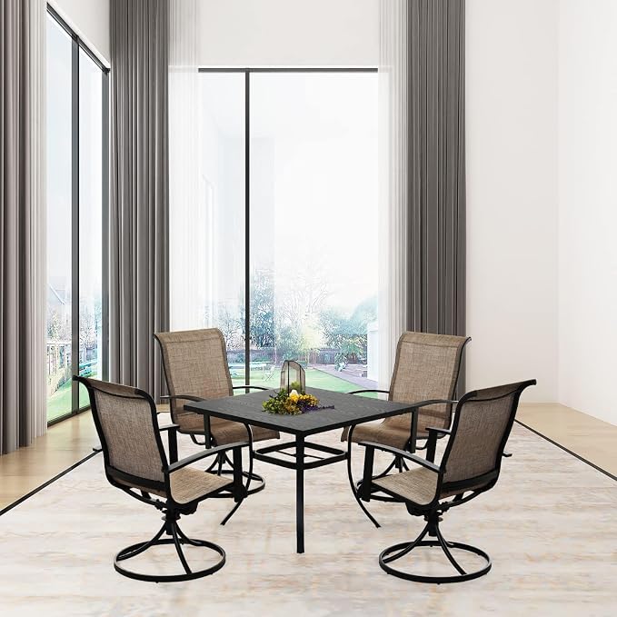 Grand patio Outdoor Dining Set of 5, Outdoor Table and Chairs Set, 4 Padded Mesh Sling Swivel Rocker Patio Chair & 36'' x36'' Square Dining Table(1.5'' Umbrella Hole), Mixed Coffee