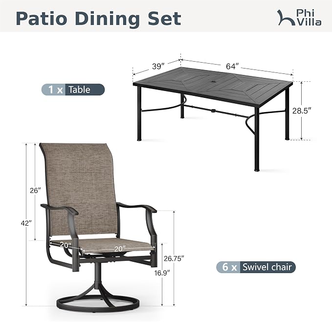 PHI VILLA 7 Piece Patio Dining Set, Outdoor Table and Chairs Furniture Dining Set with 6 Padded Swivel Chairs and 1 Large Metal Table, Patio Set for Lawn Garden Deck