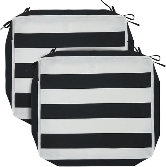 FUNHOME 2 Pack Outdoor Cushion Covers 24" x 24" x 4", No Insert! Water-Resistant Patio Chair Seat Cushion Covers with Zipper and Tie, Replacement Cover Only(Black White Stripe)