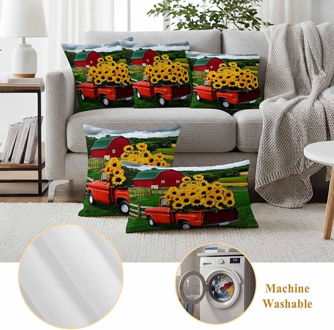 Waterproof Pillow Covers Set of 2 16x16 Inch Farmhouse Sunflower Outdoor Cushion Covers Farm Red Truck Decorative Pillow Cases for Patio, Sofa, Couch, Garden, Balcony