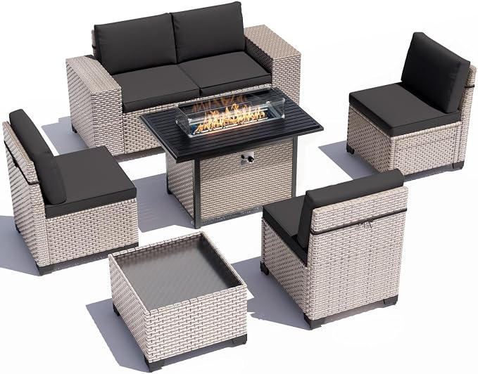 7 Pieces Patio Furniture Set with Fire Pit Table, Outdoor Sectional Wicker Sofa with Thickened Cushions and Coffee Table, High Back Rattan Patio Conversation Sets, Black