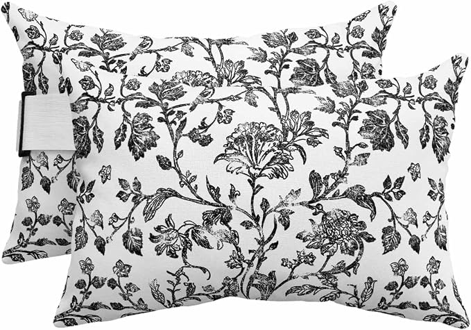 Pack of 2 Outdoor Lumbar Pillow Covers 12x20 Inch, Black Flower Waterproof Throw Pillow Covers Set, Vintage Farmhouse Boho Leaf Spring Plant Indoor&Outdoor Cushion Cases for Patio Porch Beach