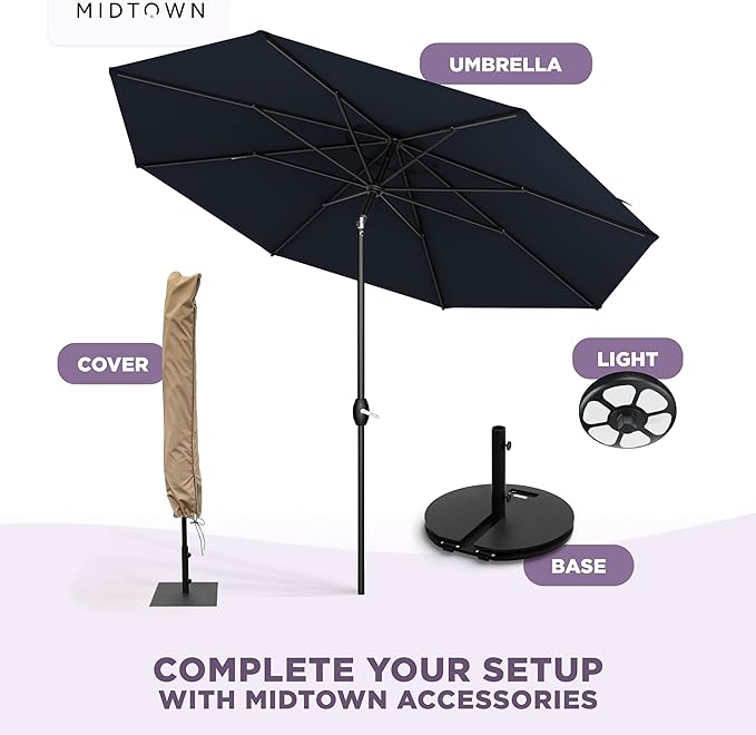 Midtown Umbrellas – The Lean 9 Ft Patio Umbrella with 10-Year-No-Fade Acrylast Acrylic Fabric, Auto-Tilt and 8 Reinforced Ribs for Deck, Pool, Garden, Hotel & Cafes – Harbor Navy Canopy, Black Pole
