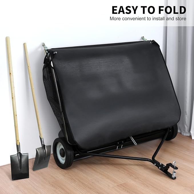 Pull Behind Lawn Sweeper with Dumping Rope, 44” Tow Behind Leaf Collector, Adjustable Height Yard Sweeper with Large Hopper, Easy Storage Folding Design for Garden Tractors Black