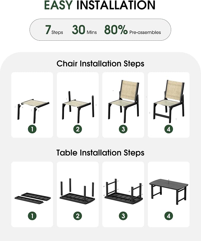 HDPE Outdoor Patio Dining Set with Table & 4 Stackable Armless Textilene Chairs, All-Weather 5-Piece Dining Table Set with Umbrella Hole, Patio Furniture for Garden, Poolside, Backyard, Deck | Black