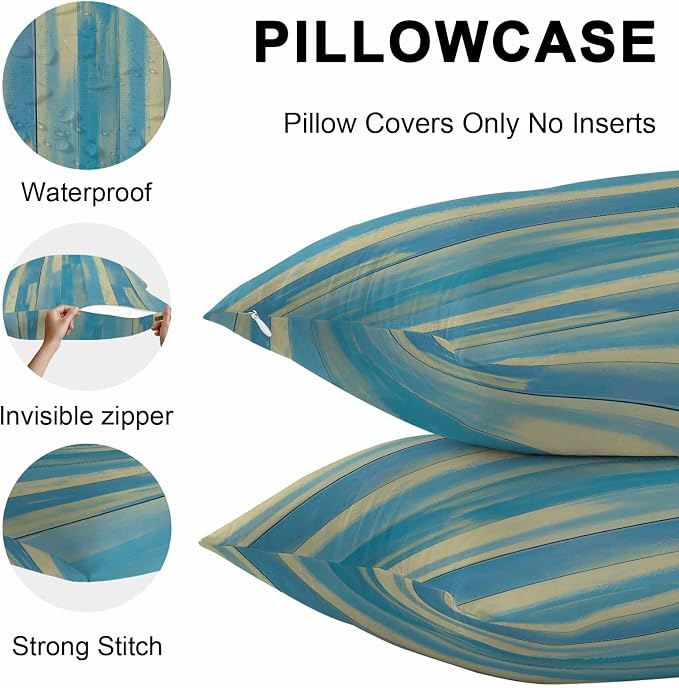 Blue Yellow Outdoor Pillow Covers 18x18 Inch Throw Pillow Covers Set of 2 Waterproof Decorative Pillow Cases Vintage Farmhouse Abstract Wooden Grain Cushion Covers for Patio Furniture Garden Couch