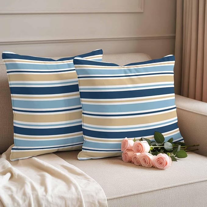 Blue Khaki Striped Outdoor Pillow Cover 24x24 Inch Cushion Sham Case, Farmhouse Stripes Modern Abstract Art Waterproof Decorative Square Throw Pillowcase for Outside Garden Patio Porch Couch Chair