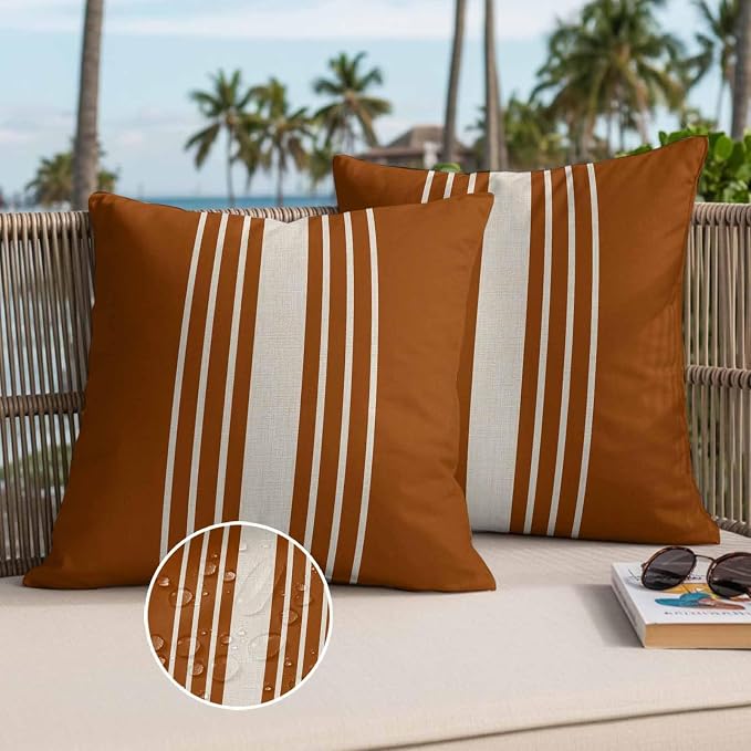 Throw Pillow Covers 20x20 Inch Set of 2, Burnt Orange Beige Striped Waterproof Outdoor Cushion Covers, Modern Farmhouse Retro Lines Decorative Pillowcases for Couch, Sofa, Bed, Garden, Patio