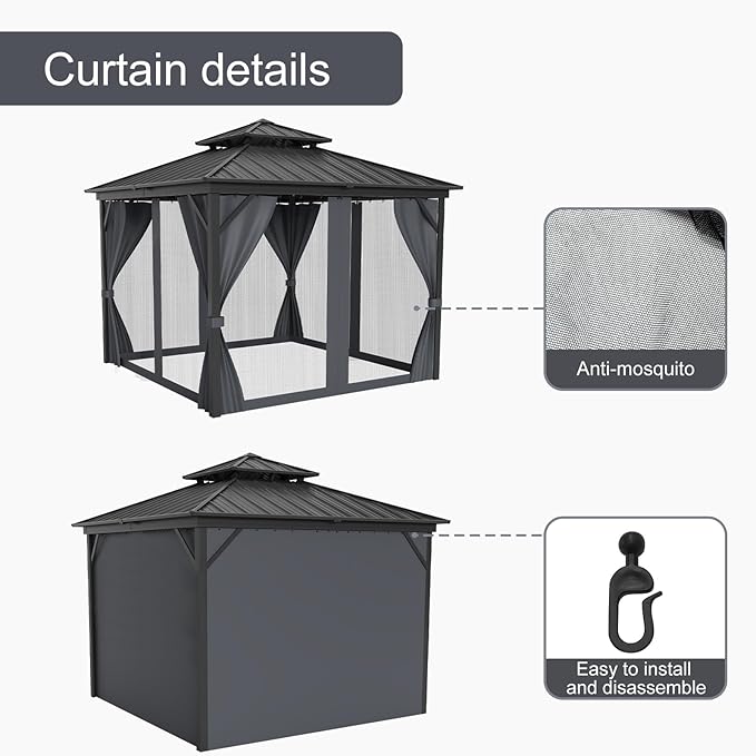 12x12FT Hardtop Gazebo, Galvanized Steel Metal Double Roof Aluminum Gazebo with Curtain and Netting, Brown Permanent Pavilion Gazebo for Patio, Lawn & Garden