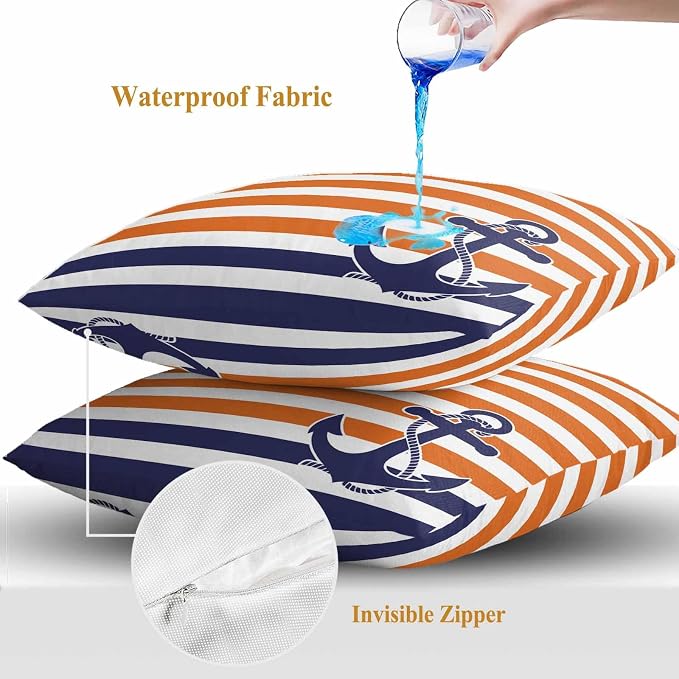 Throw Pillow Covers 18x18 Inch Set of 2, Anchor Orange Waterproof Outdoor Cushion Covers, Modern Navy Blue White Striped Nautical Decorative Pillowcases for Couch, Sofa, Bed, Garden, Patio