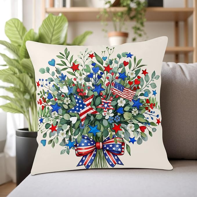 Eucalyptus Patriotic Pillow Covers Red White and Blue July 4th Throw Pillow Covers 16x16 Set of 2 Summer Stars and Stripes Memorial Day Outdoor Pillow Cases for Home Bedroom