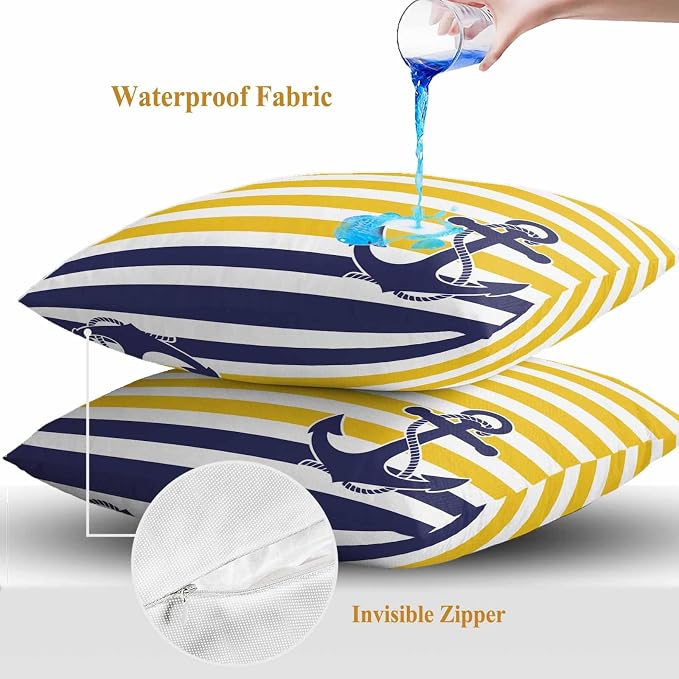 Throw Pillow Covers 16x16 Inch Set of 2, Yellow Striped Waterproof Outdoor Cushion Covers, Navy Blue Nautical Anchor Geometric Decorative Pillowcases for Couch, Sofa, Bed, Garden, Patio