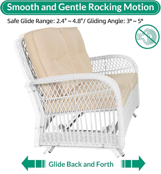 VIVIJASON 2-Piece Patio White Wicker Loveseat Glider Set Cushioned, Outdoor Conversation Furniture Sets W/ 2-Seater Glider Rocking Bench, Coffee Table and Cushions for Porch Garden Poolside, Beige