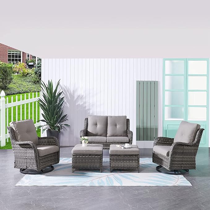 HUMMUH 5 Pieces Outdoor Furniture Patio Furniture Set Wicker Swivel Patio Chairs with 2 Seater Outdoor Sectional Sofa/Patio Loveseat with Ottomans